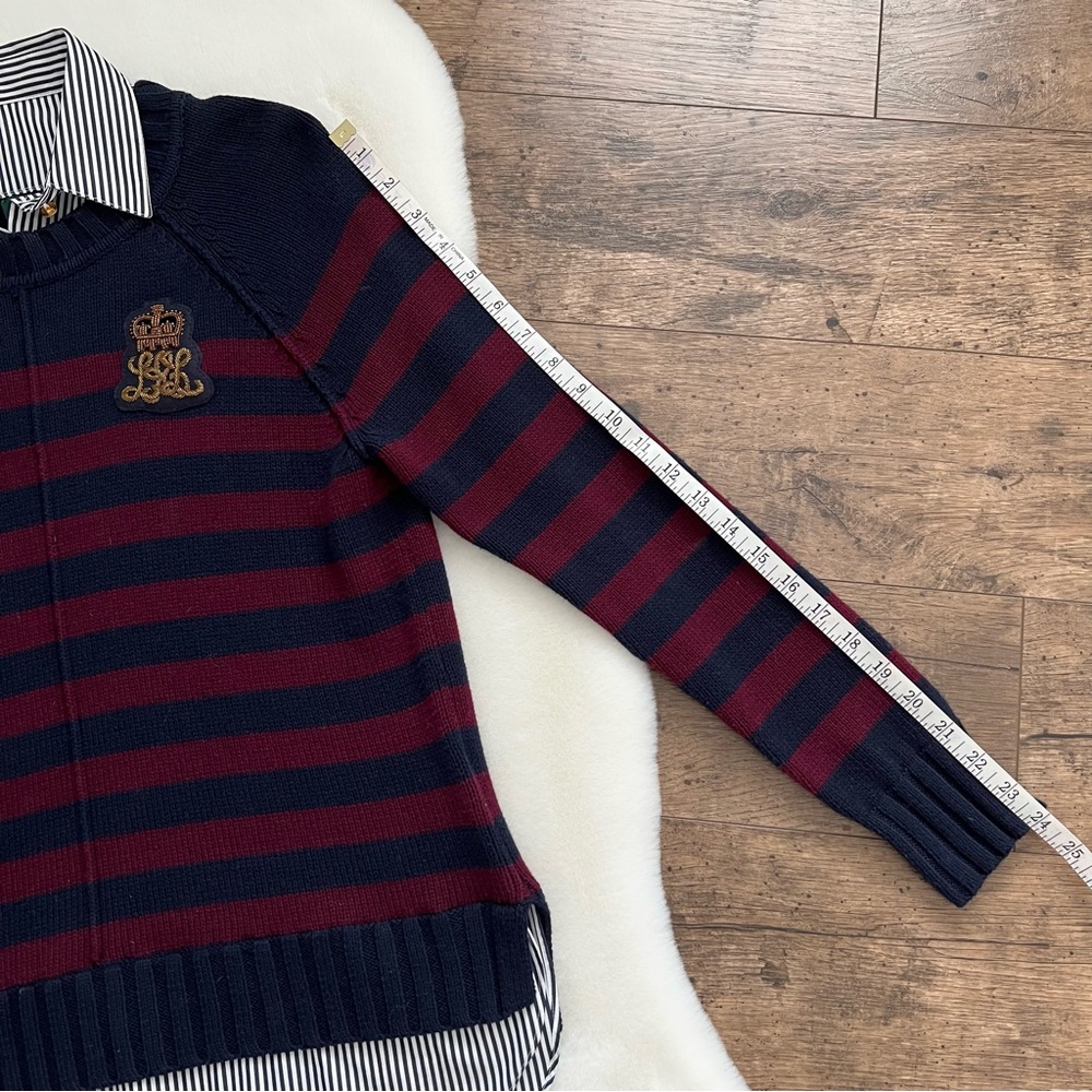 Lauren Ralph Lauren Bullion Crest Faux Layered Sweater Navy Red Stripe Medium - Picture 17 of 17